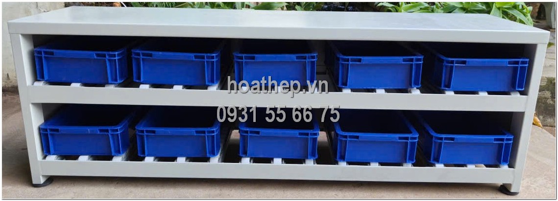 kệ đựng linh kiện 2 tầng, kệ linh kiện ray kéo con lăn, kệ đựng linh kiện 1500x500x460