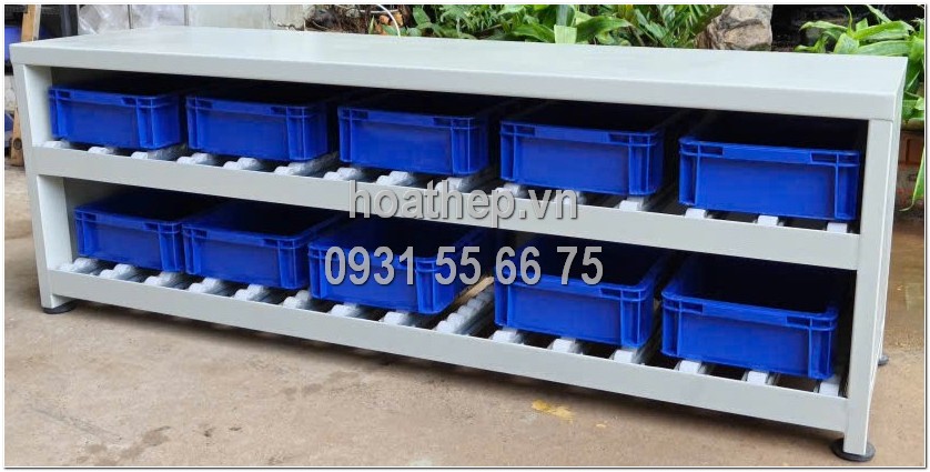 kệ đựng linh kiện 2 tầng, kệ linh kiện ray kéo con lăn, kệ đựng linh kiện 1500x500x460